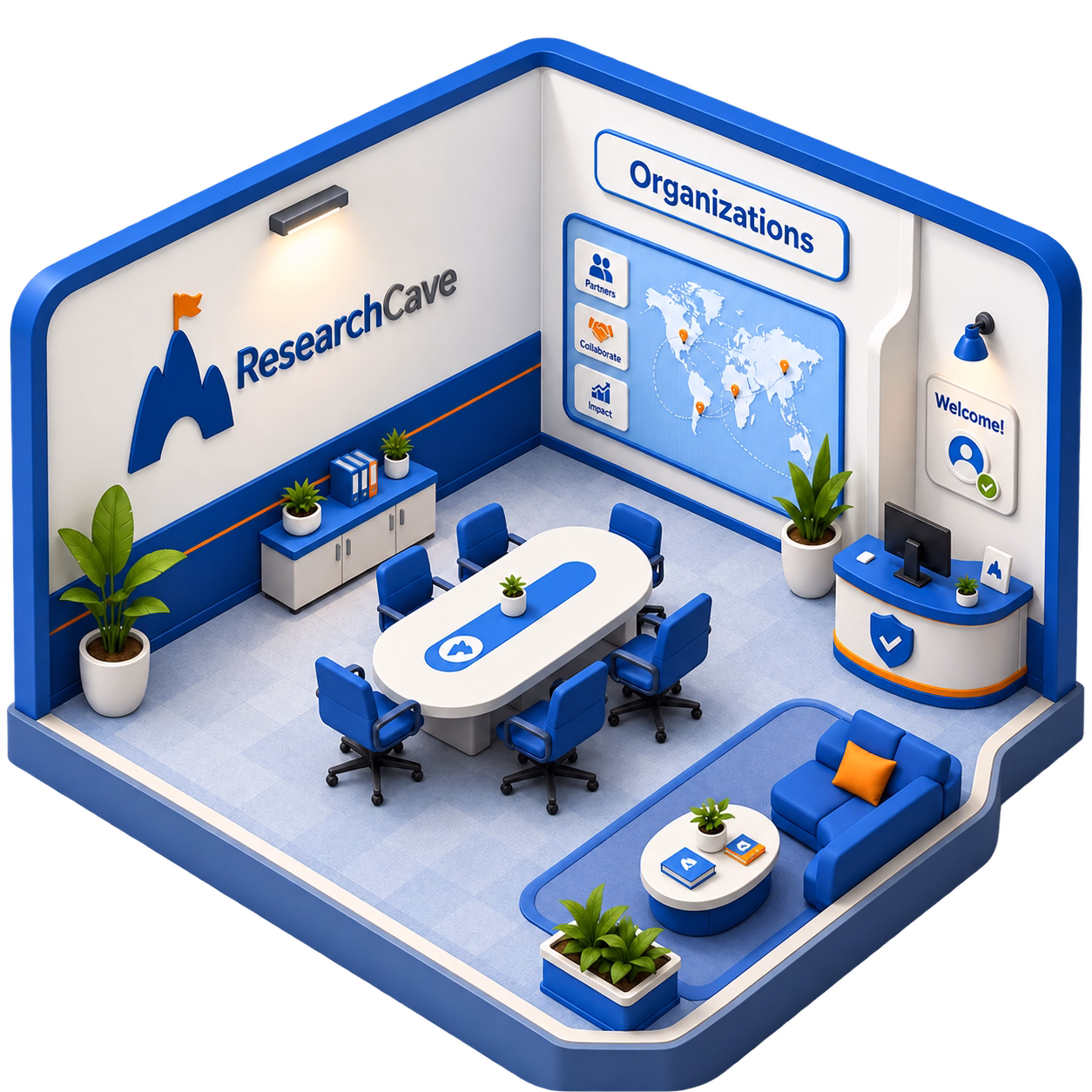An isometric ResearchCave Organizations office built for team collaboration